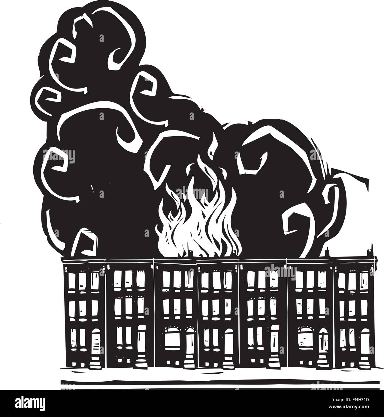 Xilografia immagine di stile di un ardente Baltimore fila home. Illustrazione Vettoriale
