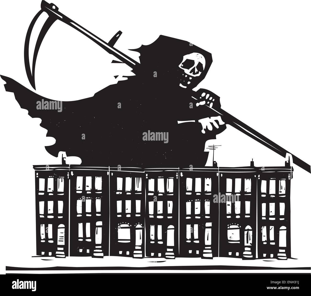 Xilografia stile immagine della morte con una falce su Baltimore fila di case. Illustrazione Vettoriale