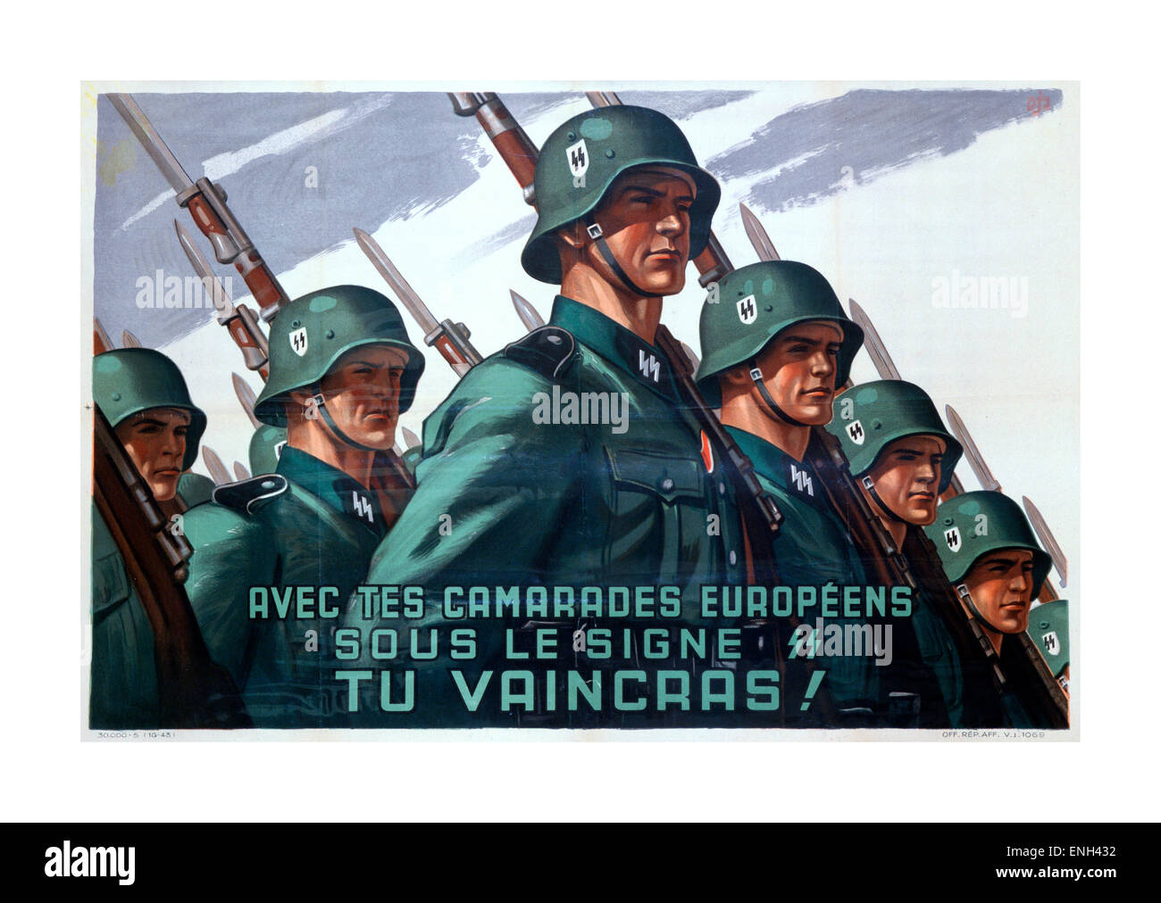 WAFFEN SS RECRUITMENT WW2 1943 poster di reclutamento propaganda in lingua francese ‘sotto le SS europee vincete’ per l’esercito militare tedesco delle SS seconda guerra mondiale Foto Stock