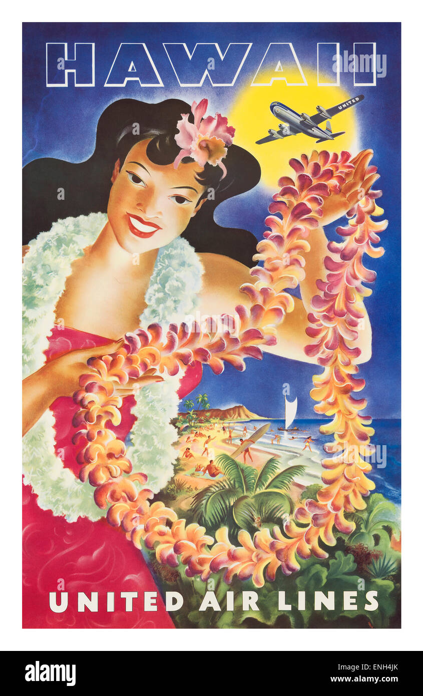 Vintage anni cinquanta poster di viaggio per le Hawaii con United Airlines Foto Stock