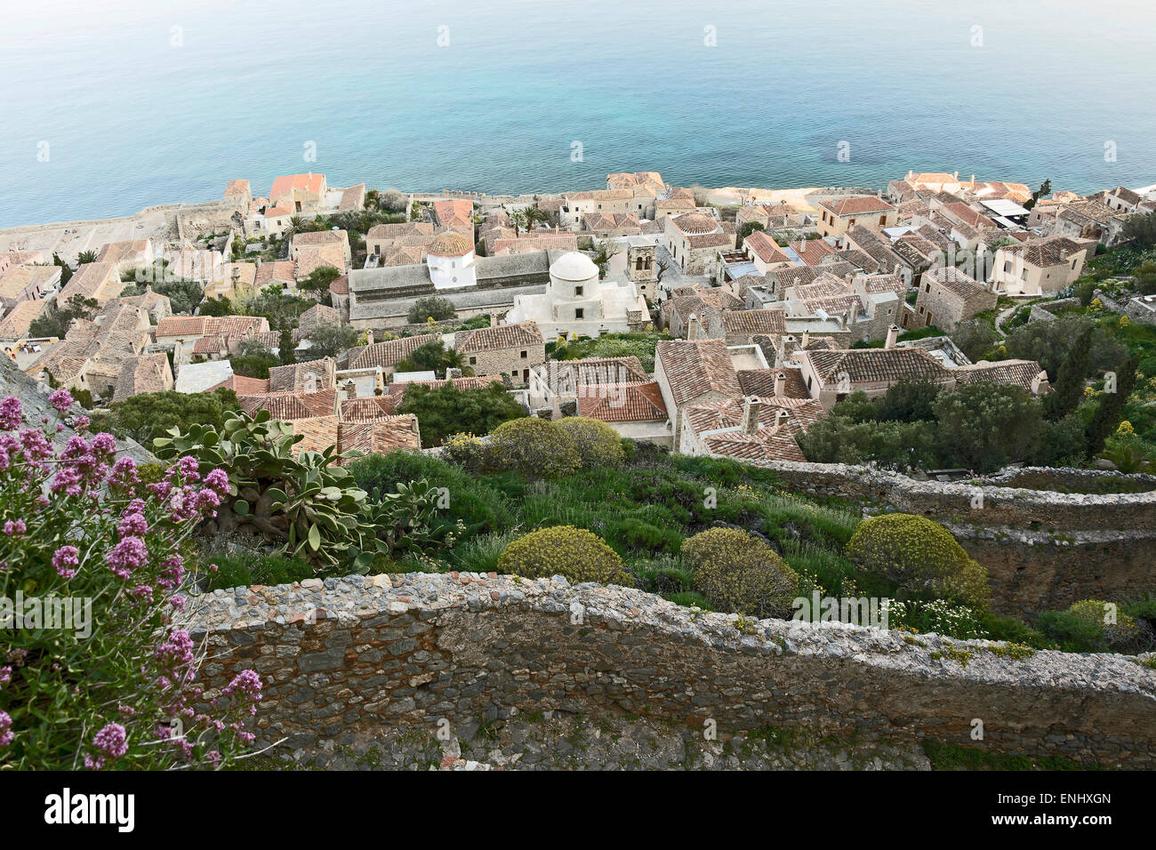 Il castello storico-città di Monemvasia Il sud della Grecia Foto Stock