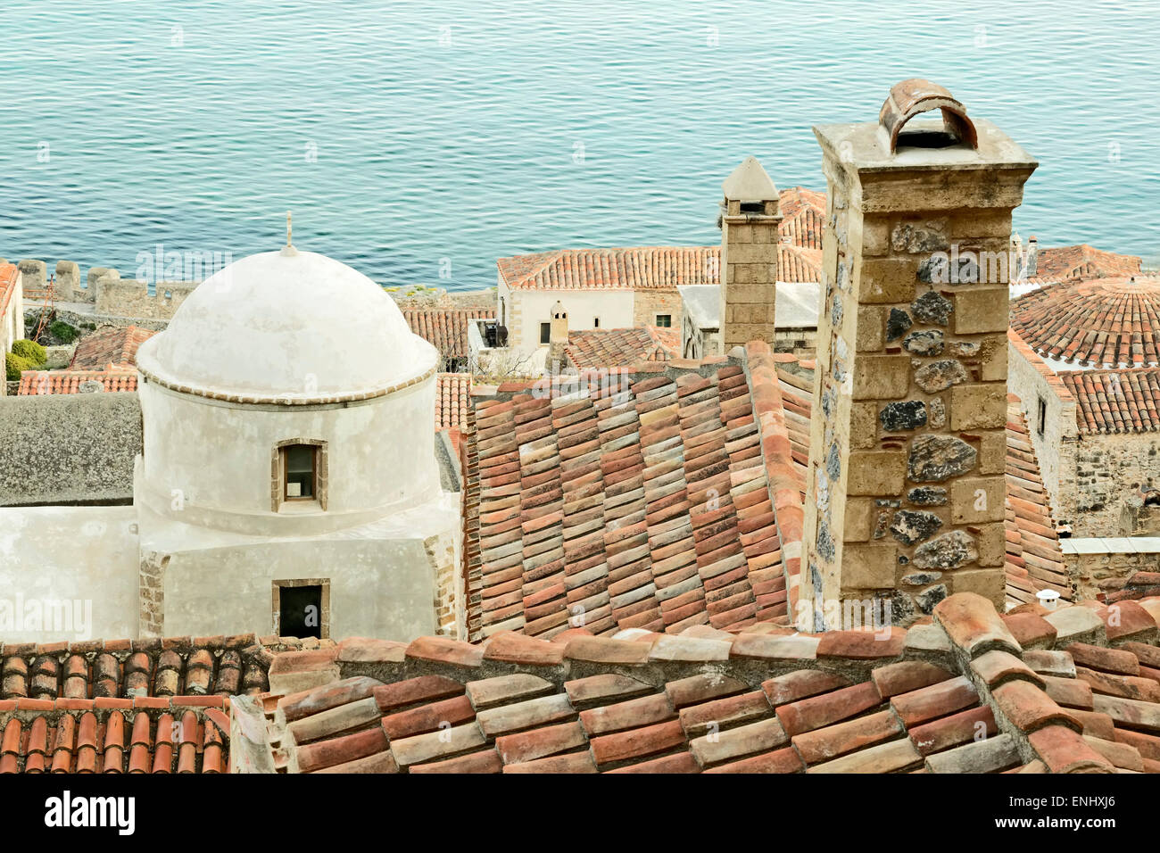 Una vista ravvicinata di una parte del castello storico-città di Monemvasia Il sud della Grecia Foto Stock