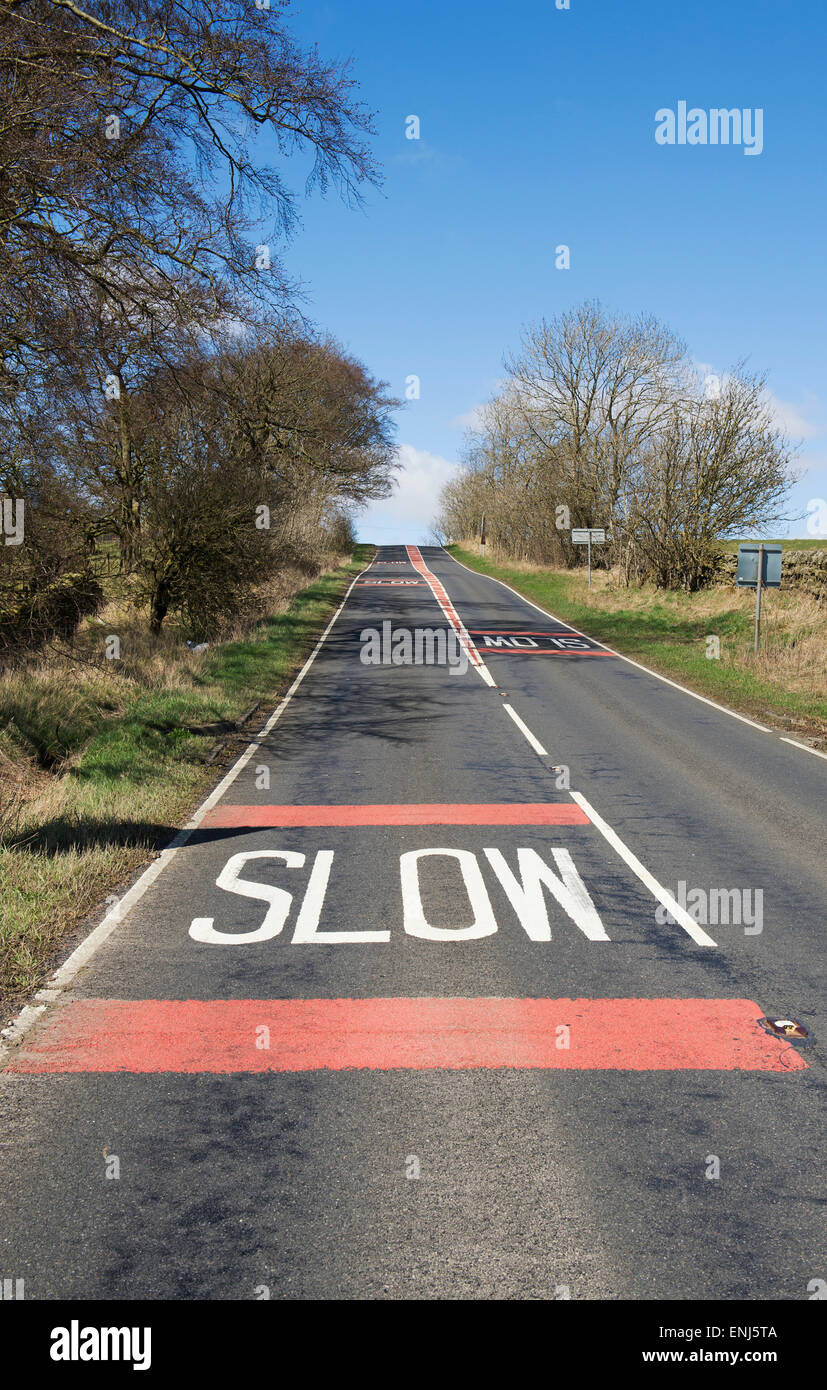 Segno lento su un vertice cieco road nel Parco nazionale di Northumberland. Regno Unito Foto Stock