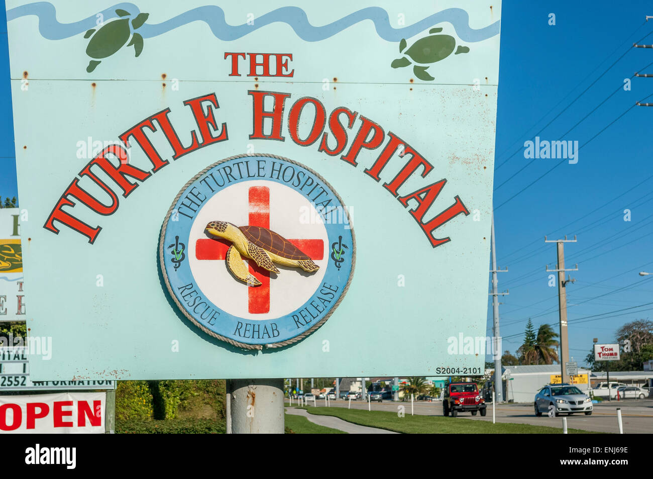 Cartello stradale per la tartaruga ospedale. Maratona, Florida. Stati Uniti d'America Foto Stock