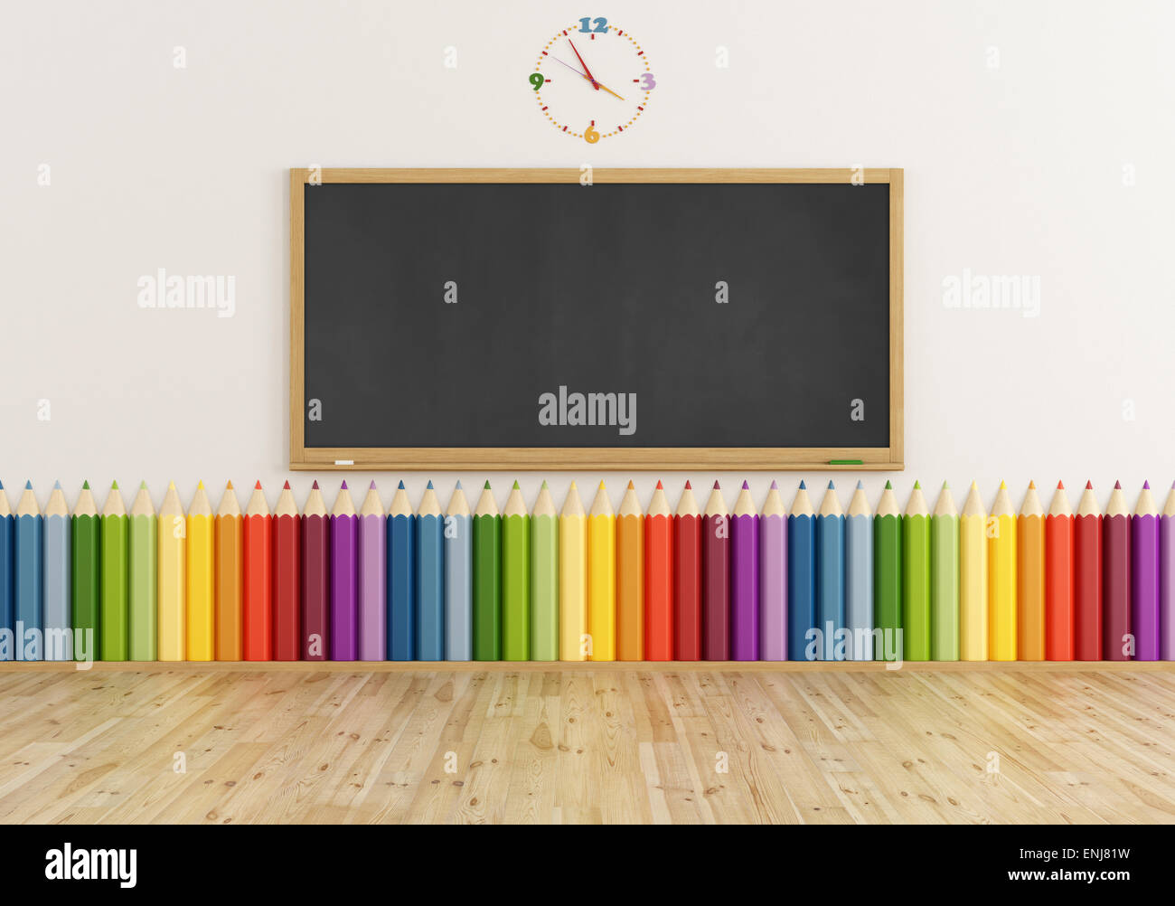 Aula vuota con la lavagna e matita colorata sul muro - il rendering Foto Stock