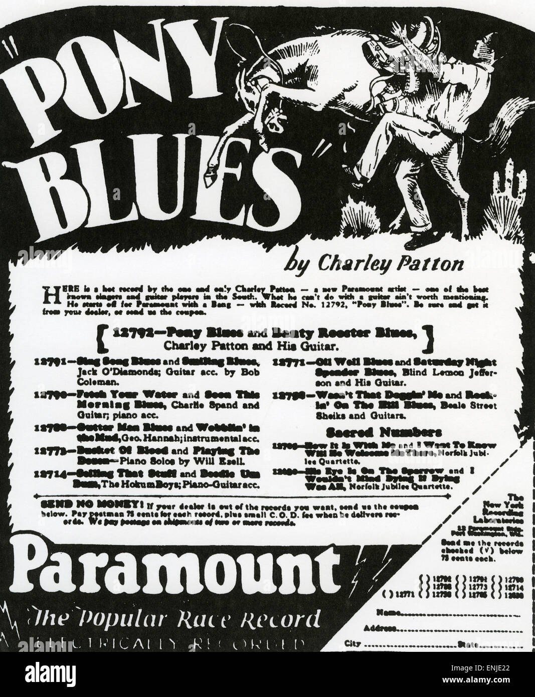CHARLEY PATTON (1890?-1934) Noi Delta Blues musicista. Annuncio pubblicitario per la sua registrazione 1929 Pony Blues Foto Stock