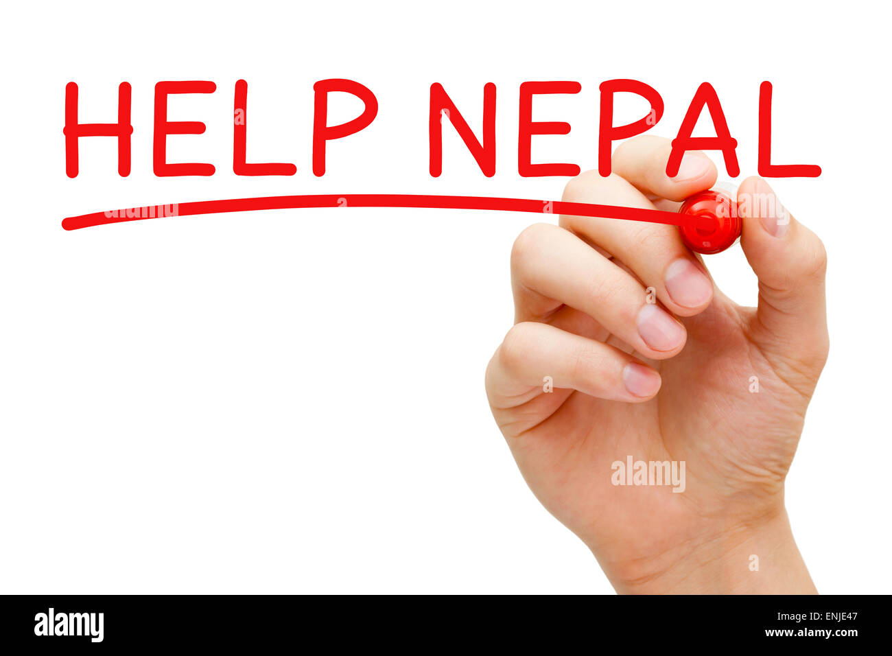 La scrittura a mano aiutare il Nepal con il contrassegno rosso sulla cancellazione trasparente stampato. Foto Stock