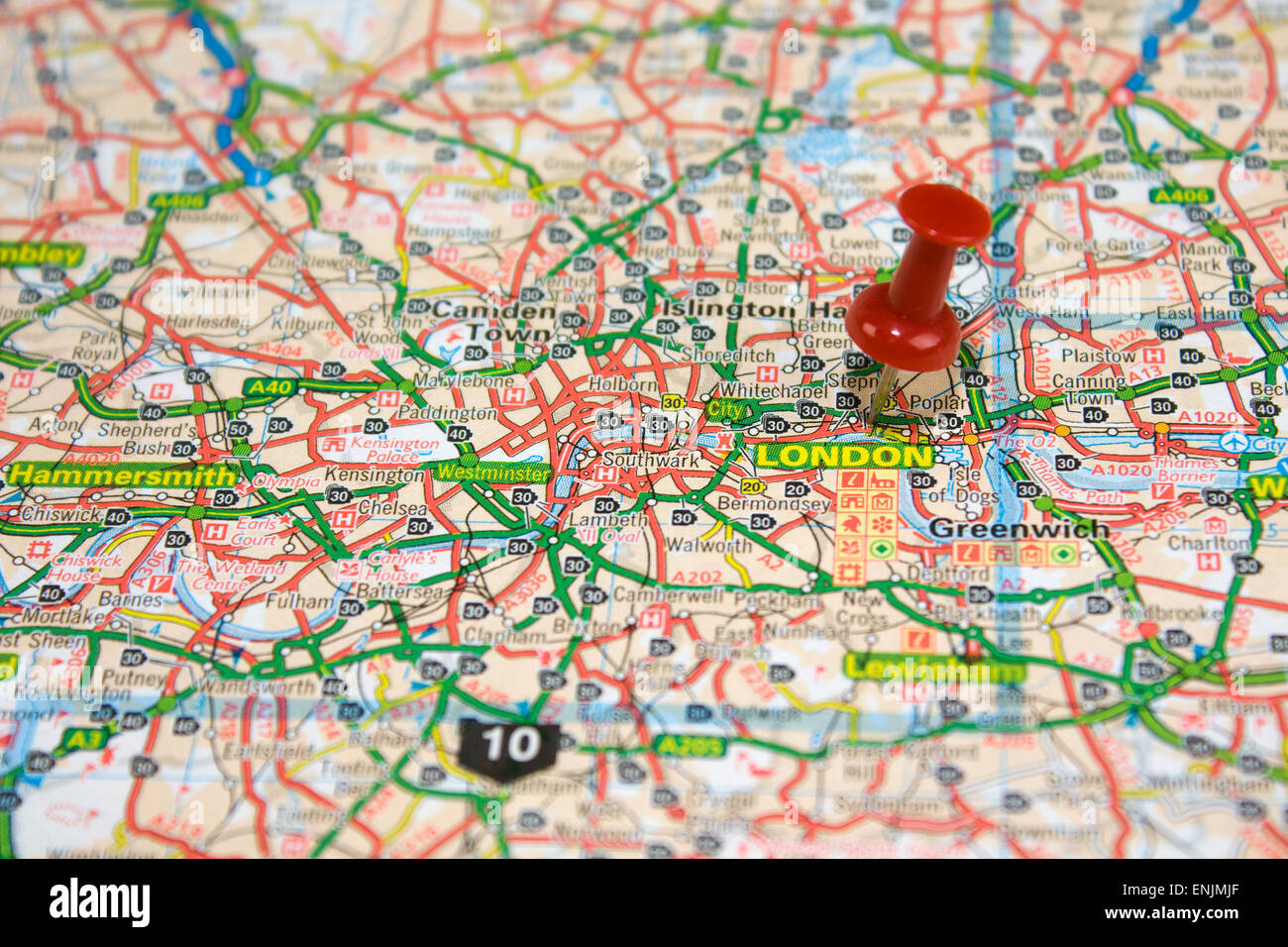 Cartina stradale di Londra con perno rosso Foto Stock