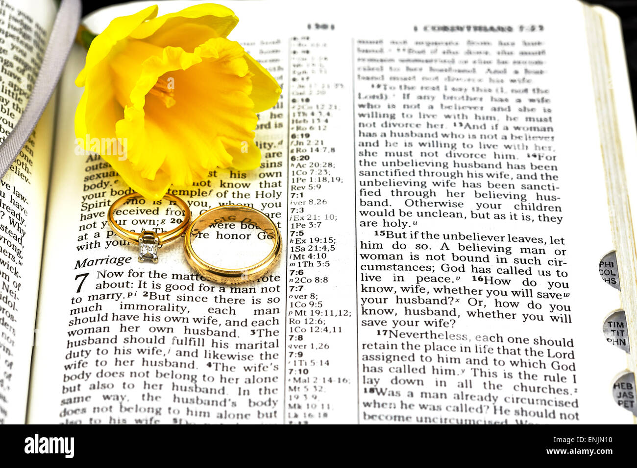 Focus sul matrimonio con gli anelli di nozze e narcisi Foto Stock