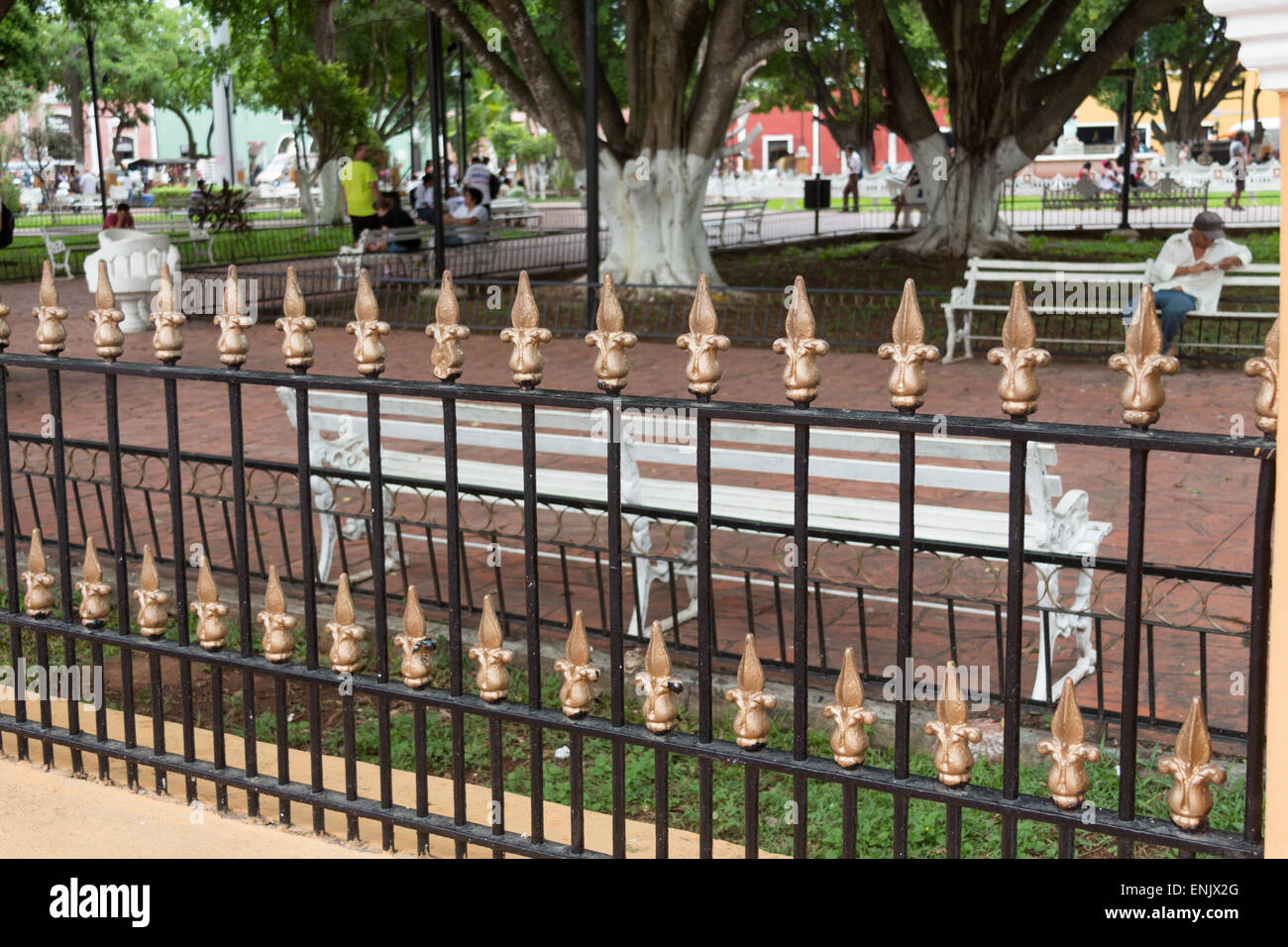 Fleur-de-lys sul gfence circostante il Parque Francisco Canton Rosado, il centro parco in Valladolid Messico [centro storico park] Foto Stock