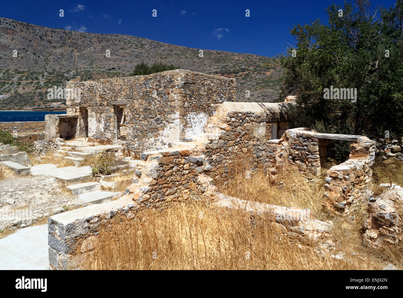 Fort veneziano e ex Lebbrosario, isola di Spinalonga, Elounda Lassithi, Creta, Grecia. Foto Stock