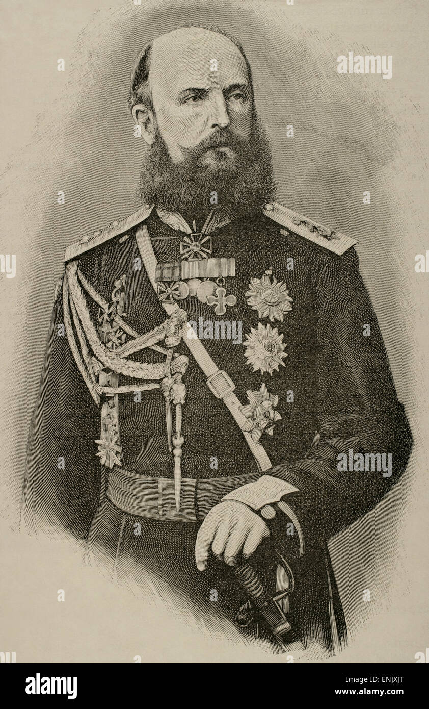 Nikolai Wassiljewitsch barone di Kaulbars (1842-1905). Generale dell'esercito russo e scrittore militare. Incisione. Historia Universale, 1885. Foto Stock