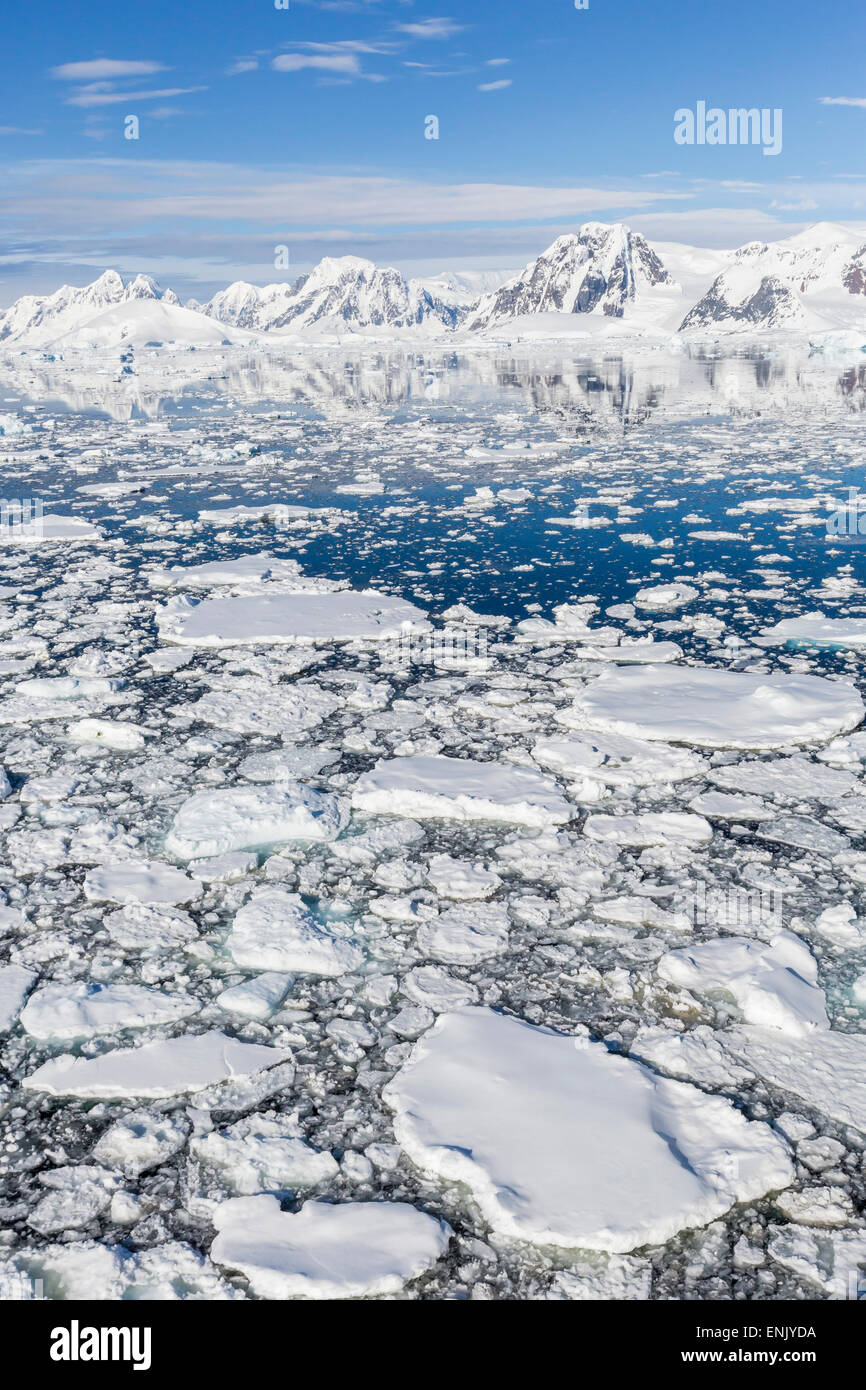 Le montagne ricoperte di neve linea l'ice floes in stretto Penola, Antartide, regioni polari Foto Stock