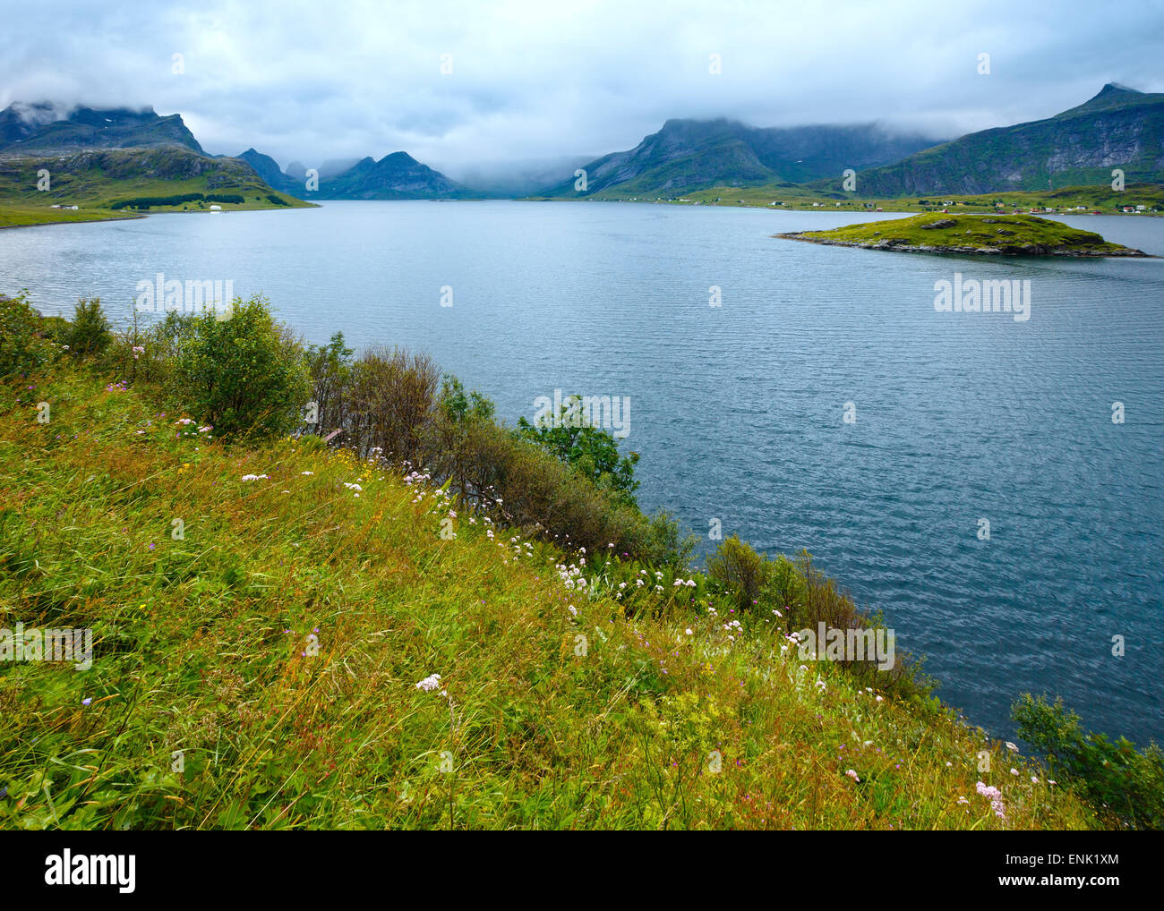 Estate nuvoloso costa del mare vista serale (Norvegia, Isole Lofoten). Foto Stock