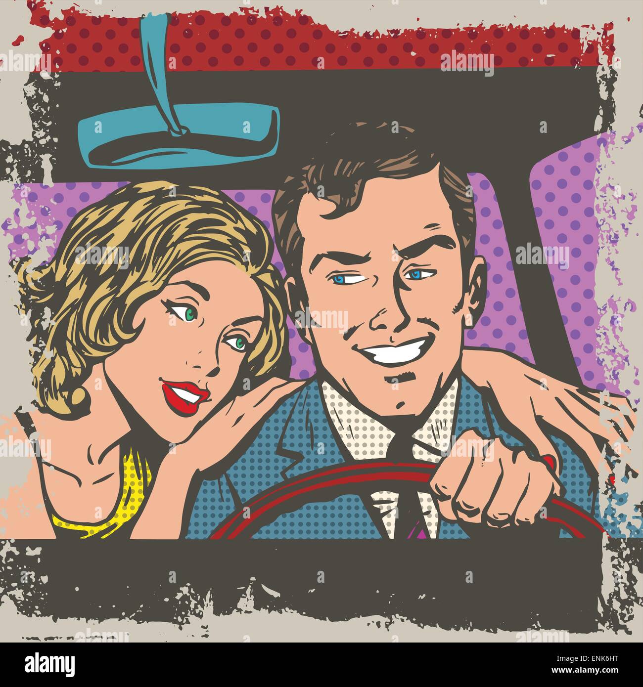 L uomo e la donna in auto pop arte fumetti in stile retrò halftone. Imitazione di vecchie illustrazioni. Effetto Delave vecchia carta Illustrazione Vettoriale