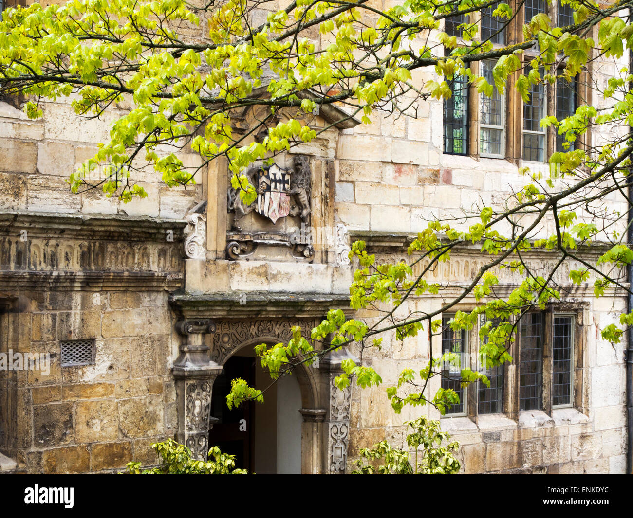 La molla fogliame e portale con stemma nel Cortyard al Kings Manor Università di York Mostra Square York Yorksh Foto Stock