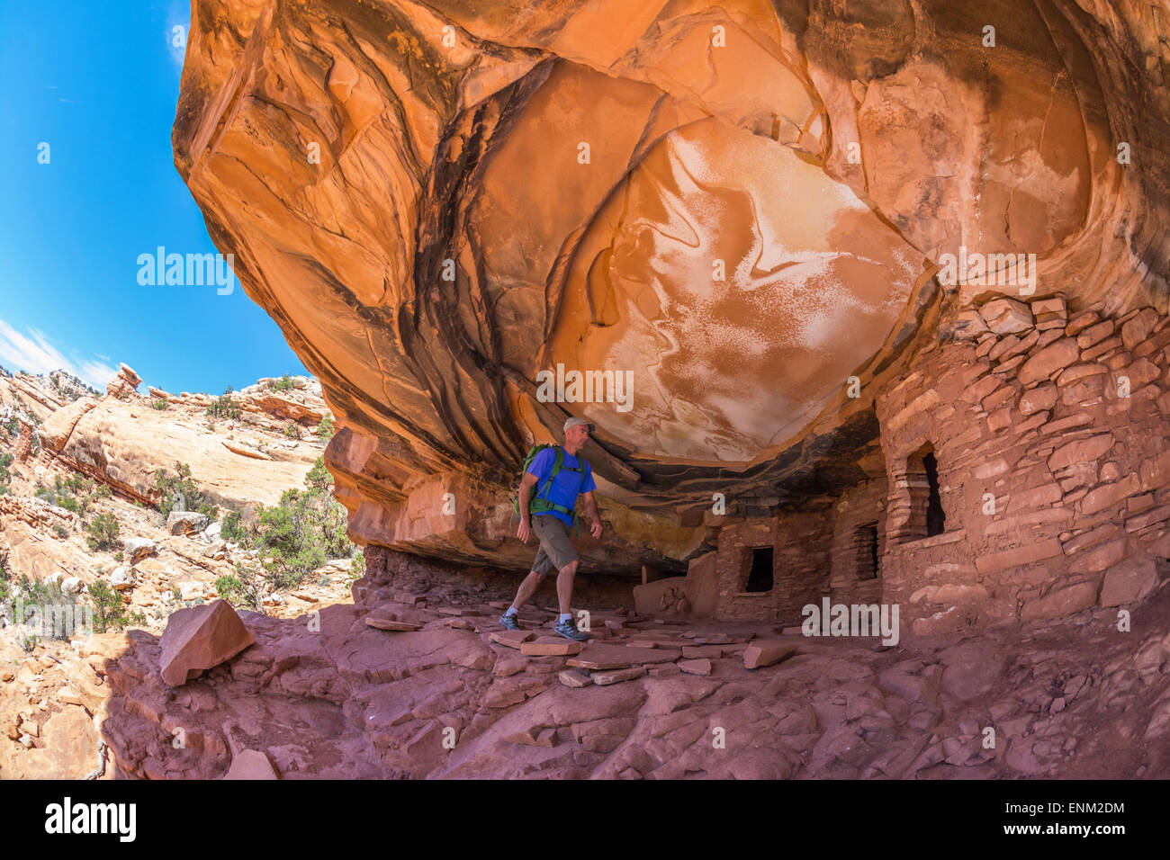 Un uomo che passeggia in strada Canyon rovina, Grand Gulch, Blanding, Utah. Foto Stock