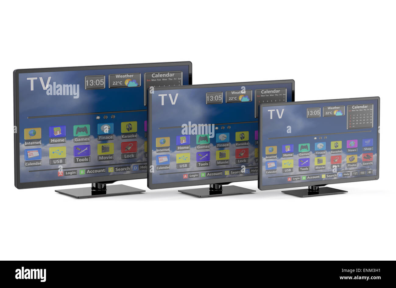 Tre smart tv con diagonale di differenti isolati su sfondo bianco Foto Stock