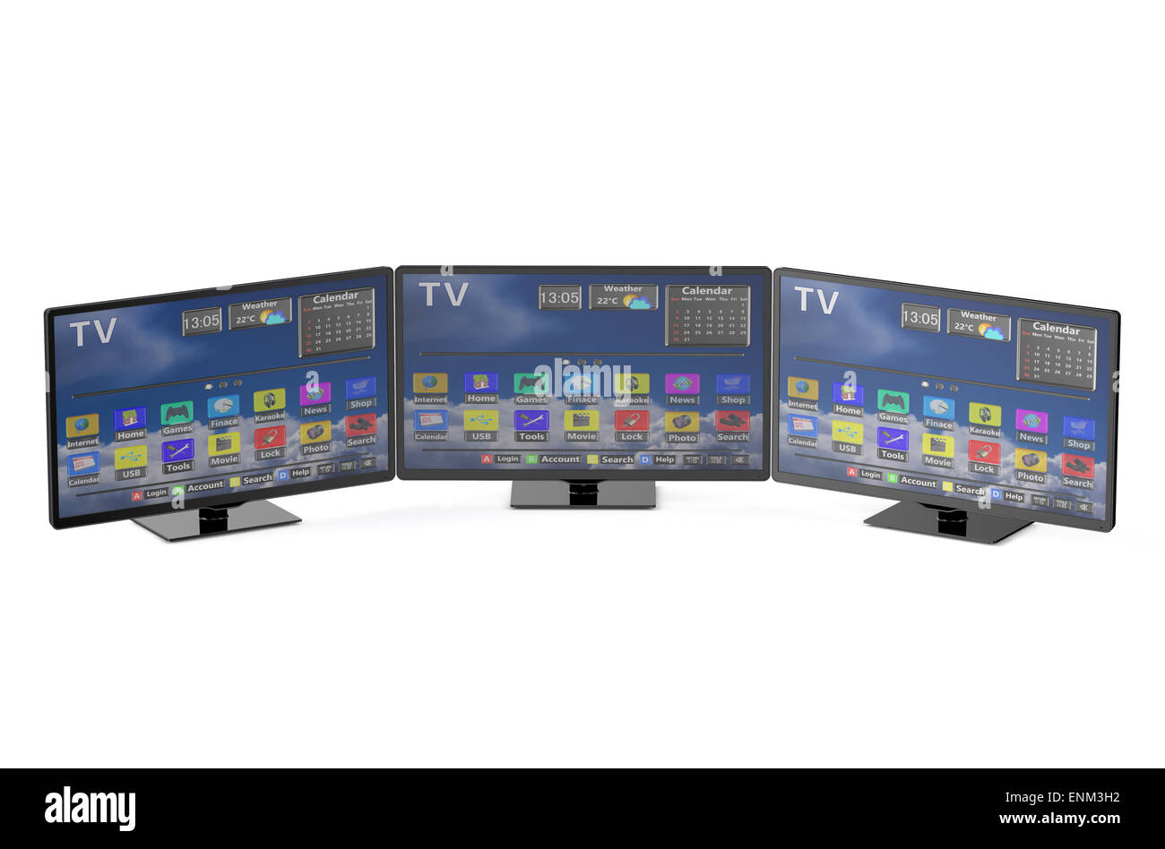 Tre smart tv isolato su sfondo bianco Foto Stock
