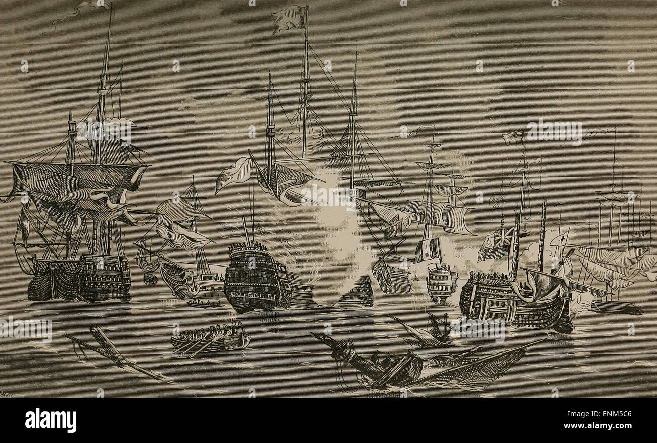 La battaglia del Nilo bandiera francese nave L'Orient, 120 cannoni, sul fuoco, 1798 Foto Stock