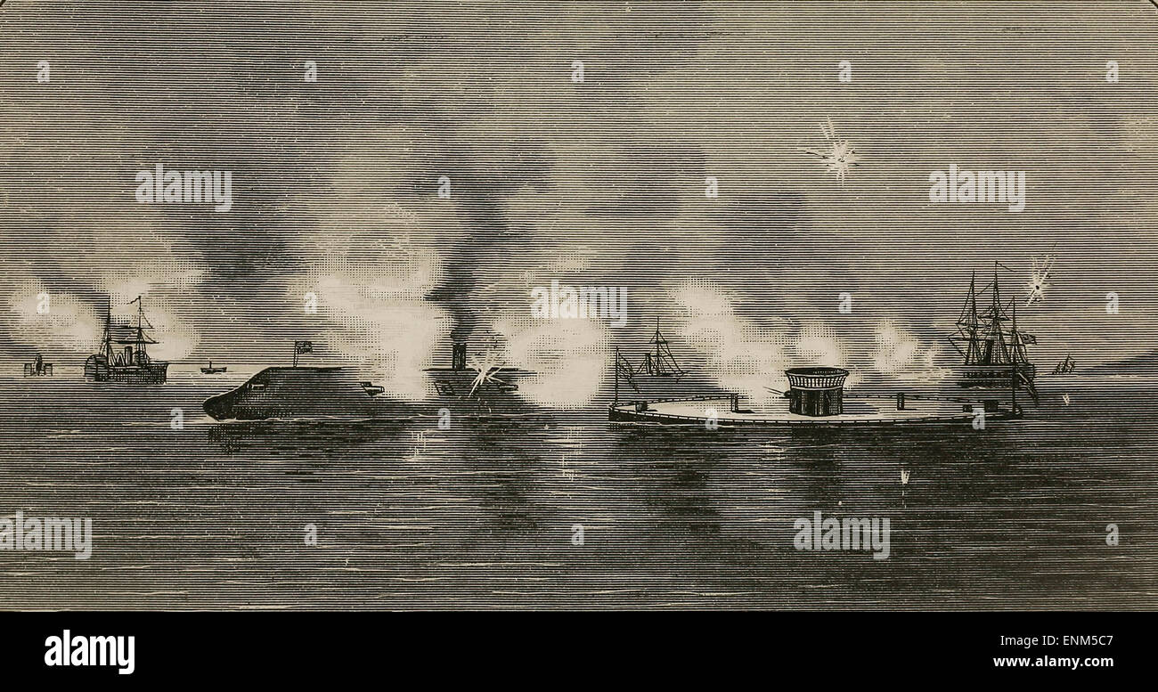 L'impegno tra il monitor e Merrimac, in Hampton Roads, Virginia durante gli Stati Uniti dalla guerra civile Foto Stock