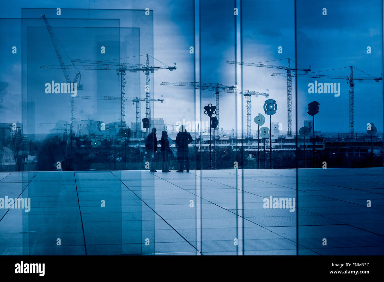 Silhouette di una gru gruppo attraverso blocchi di vetro Foto Stock