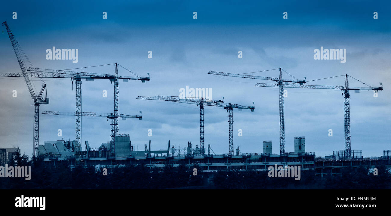 Silhouette di una gru gruppo attraverso blocchi di vetro Foto Stock