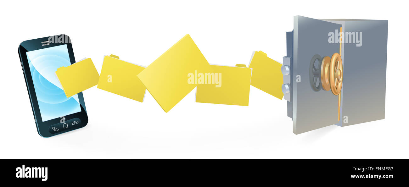 Telefono cellulare di sicuro trasferimento sicuro di concetto di backup di spostamento dei file dal telefono cellulare al sicuro. Foto Stock