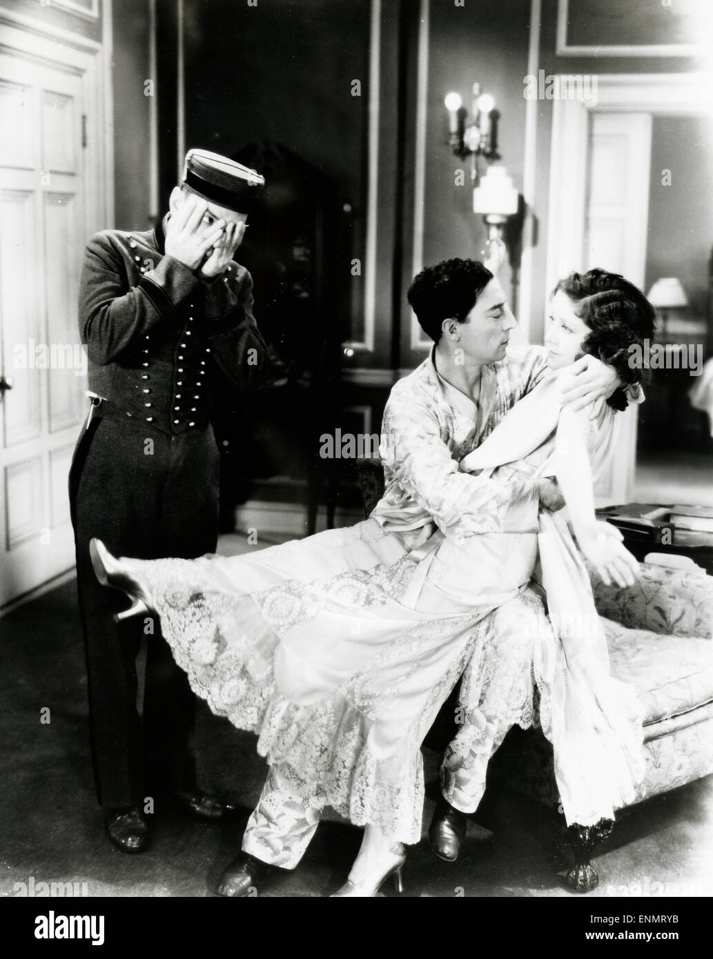Buster Keaton in einer Filmszene im Hotel mit circuizione Liebsten und einem Hotelpagen, ca. 1920er Jahre. Foto Stock
