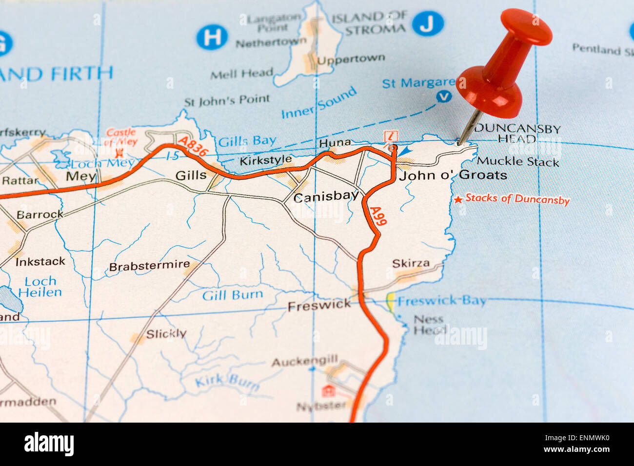 Mappa stradale di John O Groats con perno rosso Foto Stock