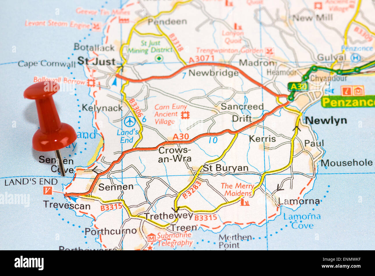 Mappa stradale di Land's End con perno rosso Foto Stock