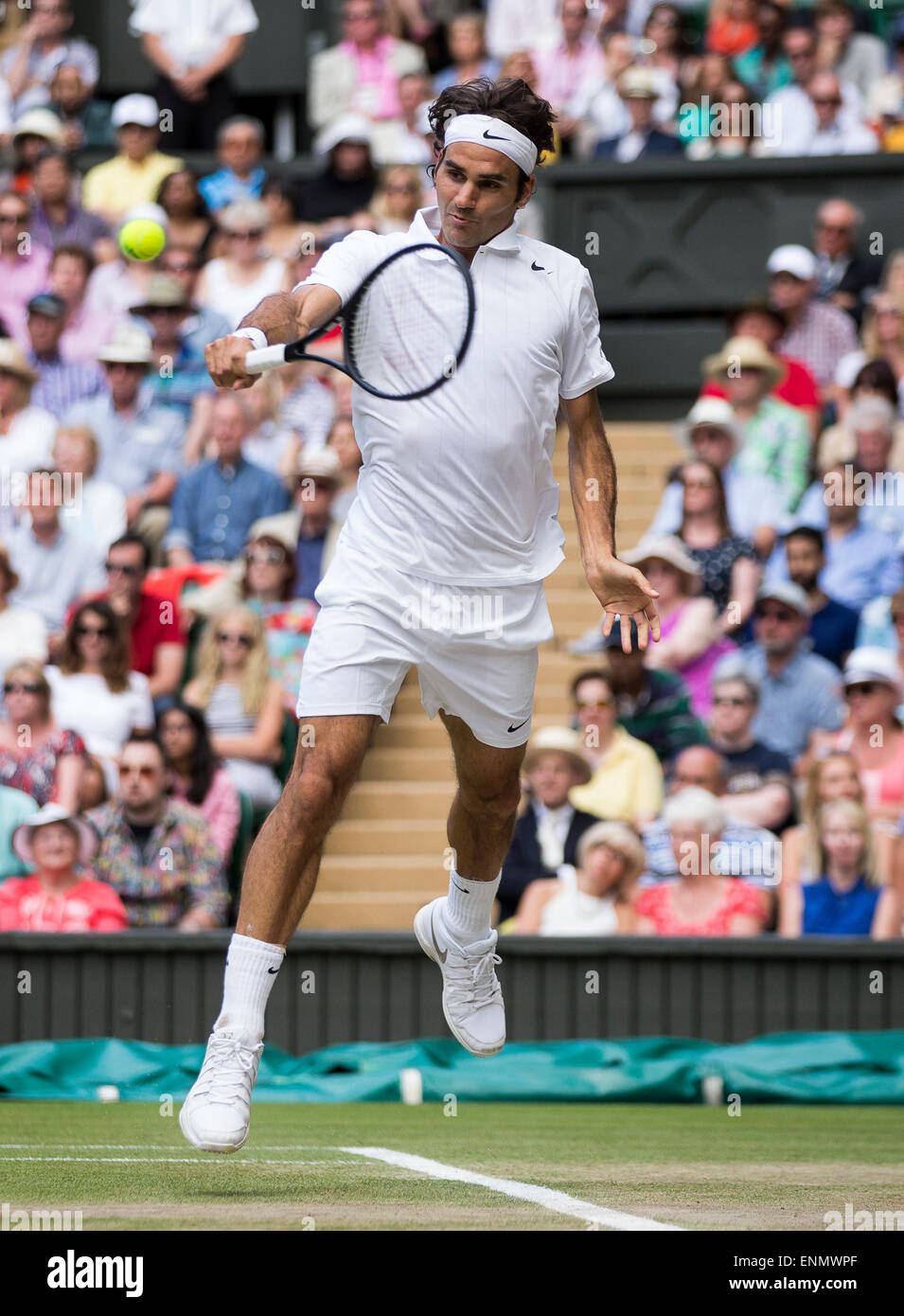 Roger Federer durante la mens singoli final i campionati di Wimbledon 2014 All England Lawn Tennis & Croquet Club Wimbled Foto Stock