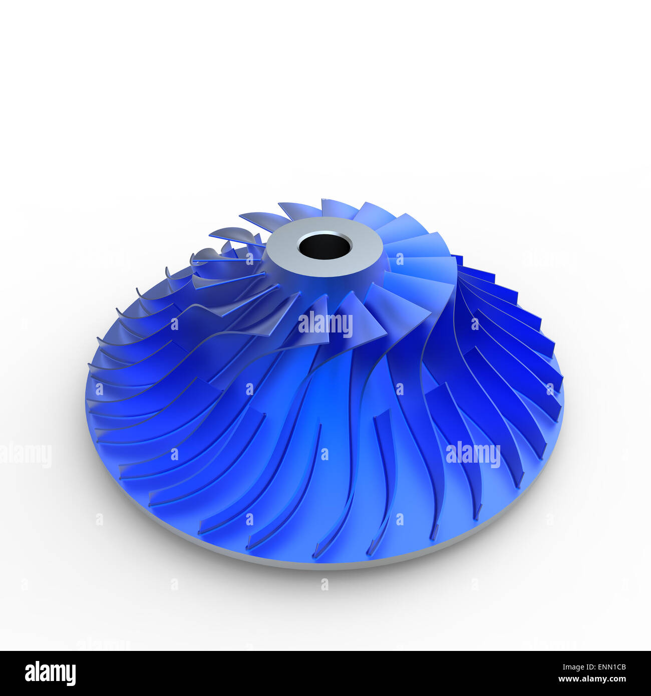 Anodizzato blu organo girante di compressore turbo su sfondo bianco Foto Stock