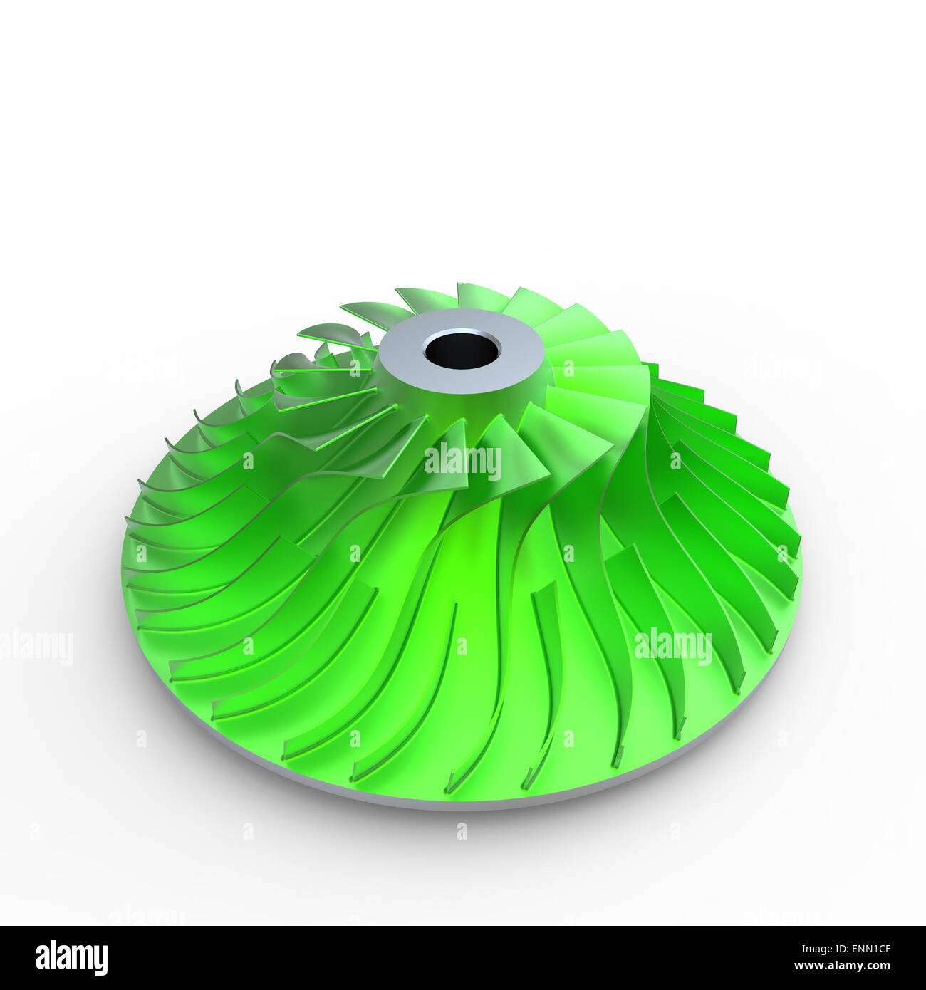Anodizzato verde componente girante di compressore turbo su sfondo bianco Foto Stock