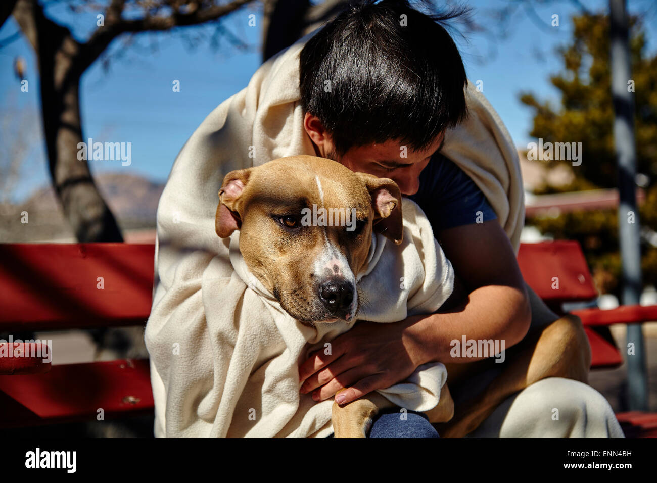 L'uomo con il cane avvolto in una coperta seduta sul banco piegato per cane Foto Stock