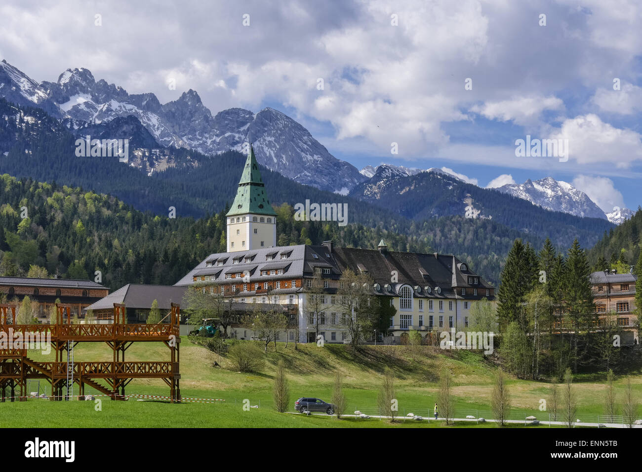 Der G7-Gipfel 2015 findet am 7.und 8. Juni auf Schloss Elmau statt, Bayern, Oberbayern, Deutschland, Europa Foto Stock