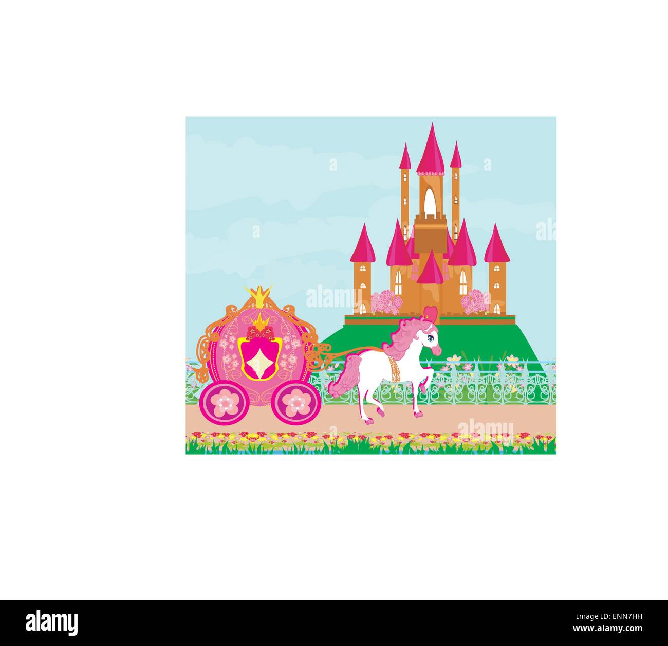 Carrozza a cavallo e un castello medievale Illustrazione Vettoriale
