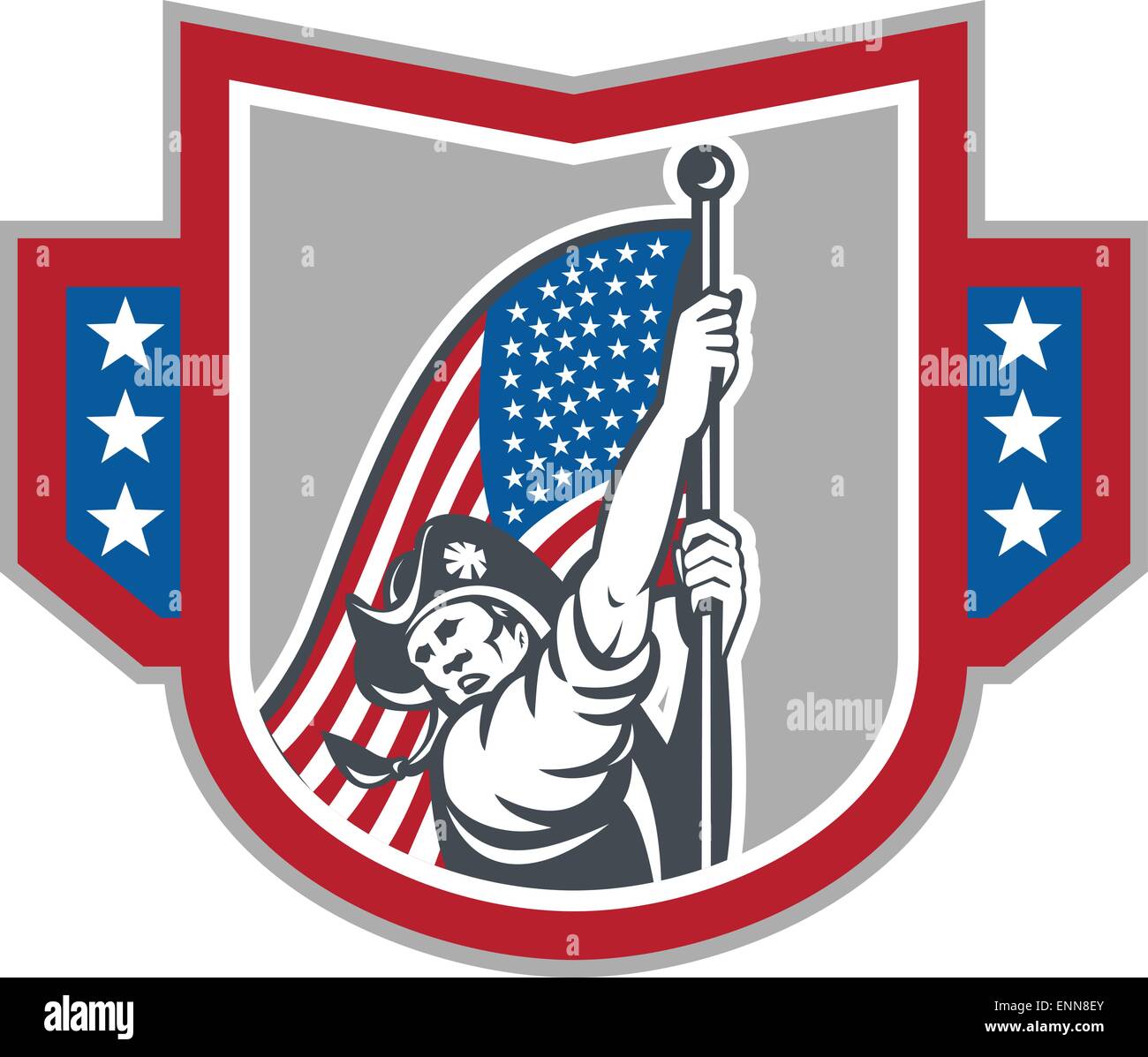 American Patriot tenendo su stelle strisce bandiera Illustrazione Vettoriale