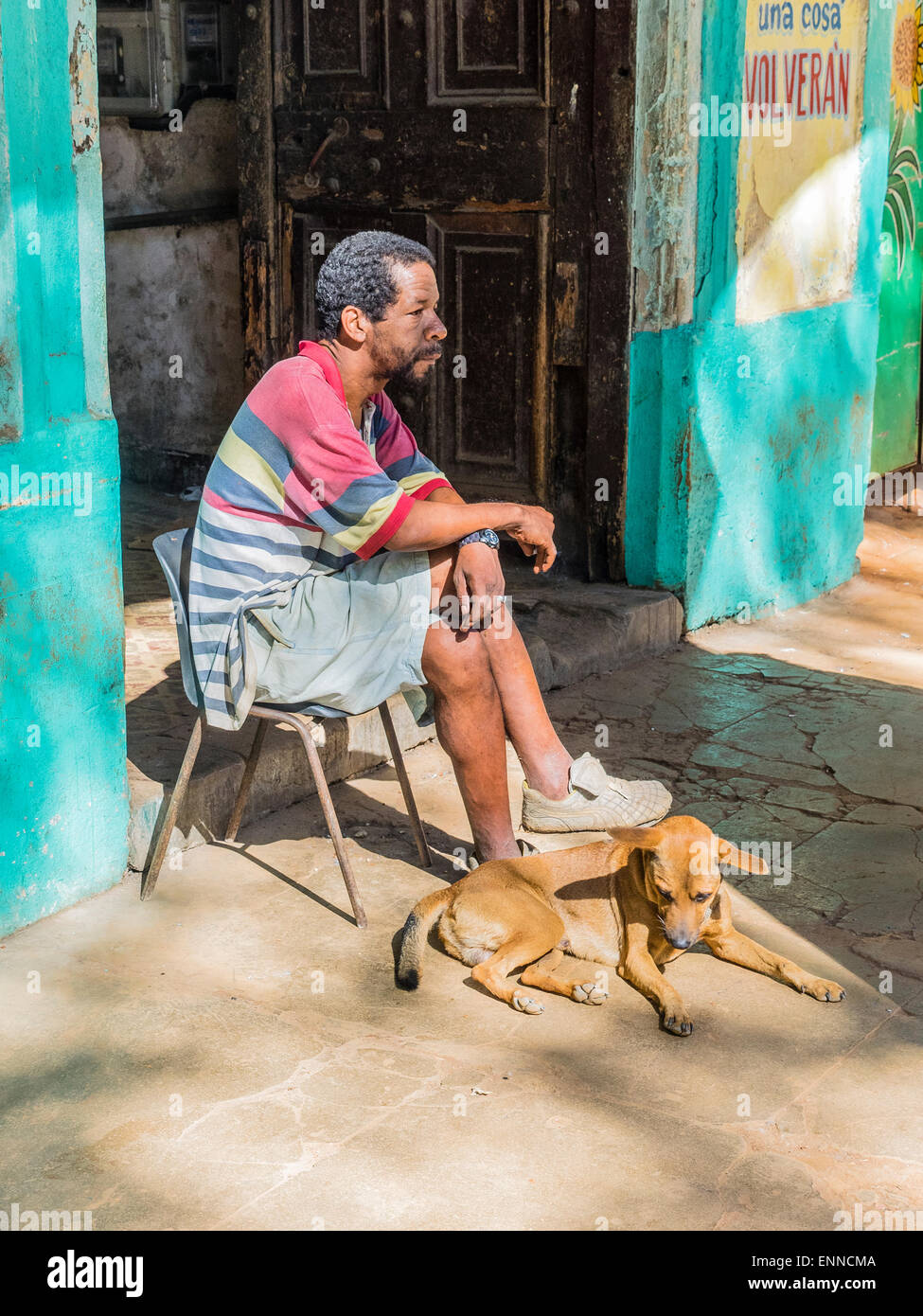 Un afro-cubane uomo seduto in poltrona con il cane che giace ai suoi piedi da un luminoso aqua edificio colorato nel marketplace di l'Avana. Foto Stock