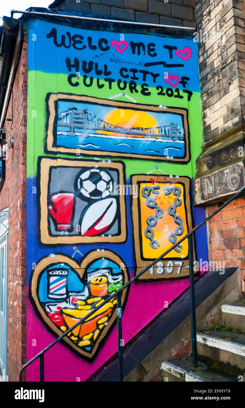 Arte di strada murale Benvenuto a Hull City della cultura 2017 Foto Stock