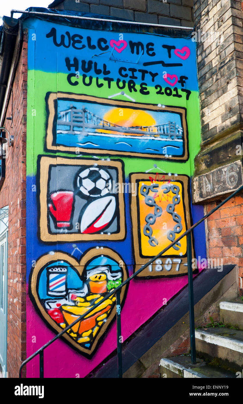 Arte di strada murale Benvenuto a Hull City della cultura 2017 Foto Stock