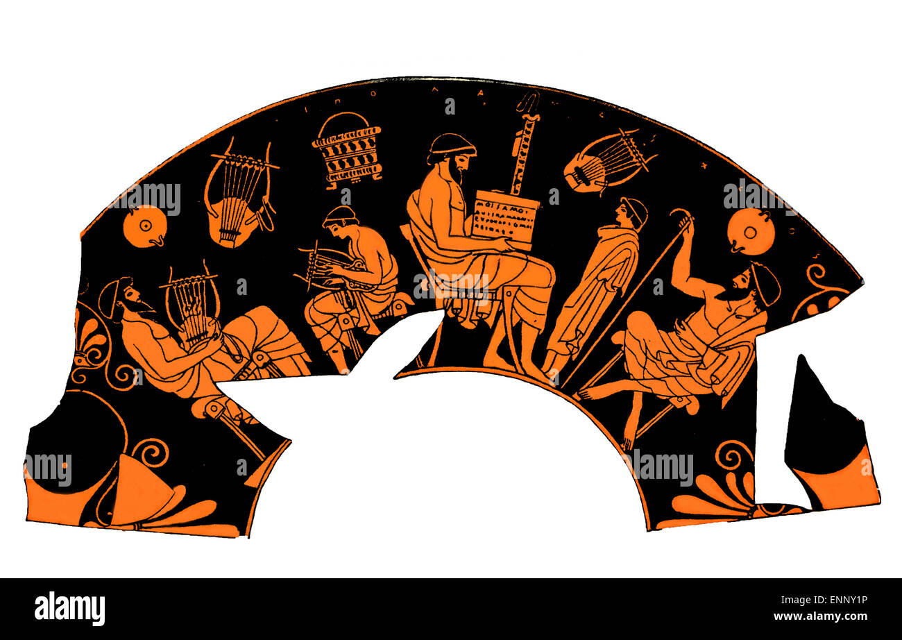 Antico vaso greco raffigurante una lezione della scuola di musica Foto Stock