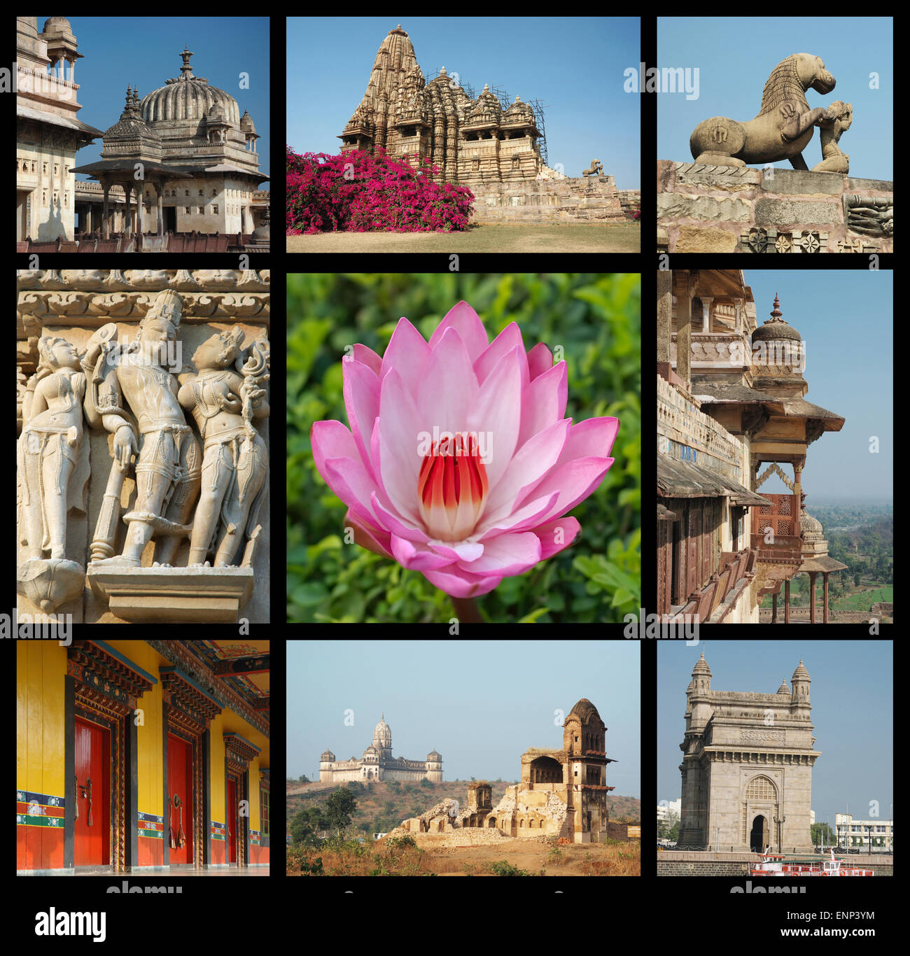 Go India collage - sfondo con fotografie di viaggio di monumenti indiani Foto Stock