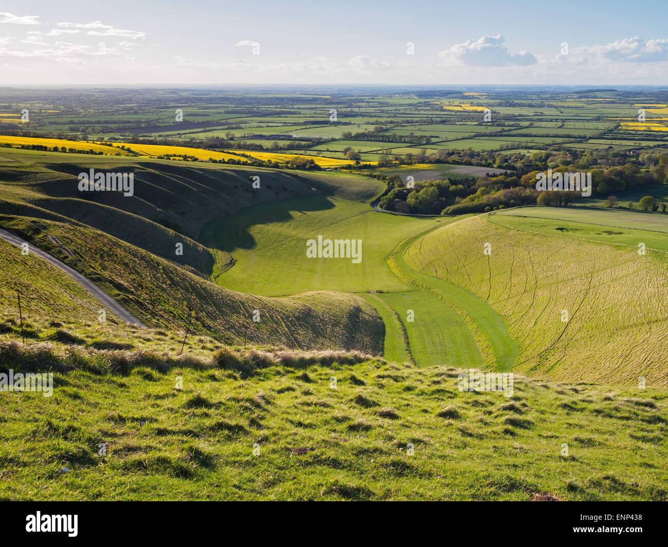 La valle della mangiatoia rilievi vicino al Uffington White Horse, Oxfordshire. Foto Stock