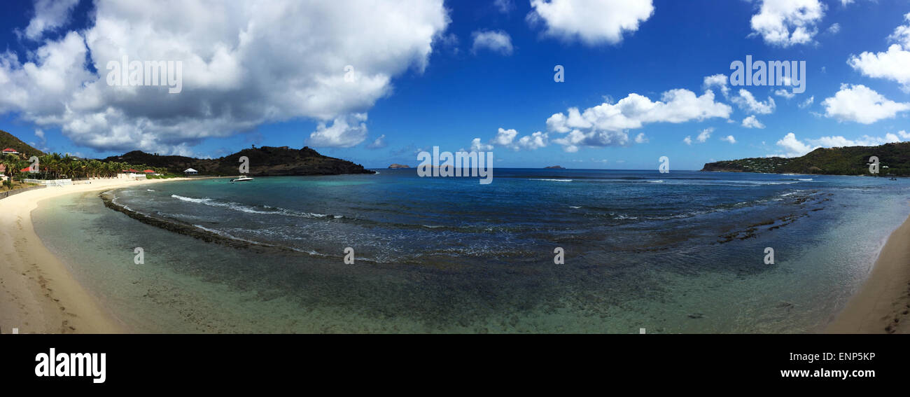 St Barth, St. Barts, Saint-Barthélemy, French West Indies, Antille Francesi: vista panoramica del mare dei Caraibi a la spiaggia di Lorient e bay Foto Stock