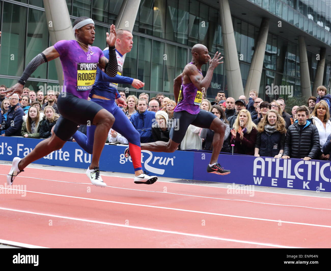 Manchester, Inghilterra. 9 maggio 2015. Michael Rogers vince la mens 100m gara a Grande Manchester giochi. Richard Kilty, Kim Collins e Ujah Chijindu gareggiato. Credito: Alamy Live News/ Simon Newbury Foto Stock