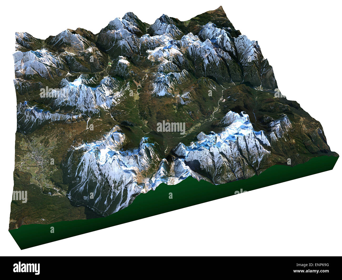 Indigo dolomiti, italia vista satellite isolati su sfondo bianco Foto Stock