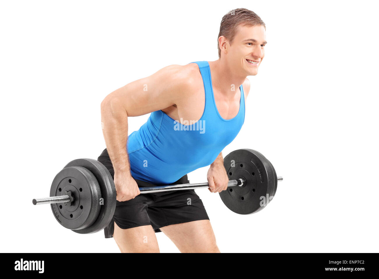 Muscoloso bodybuilder sollevare un peso isolati su sfondo bianco Foto Stock