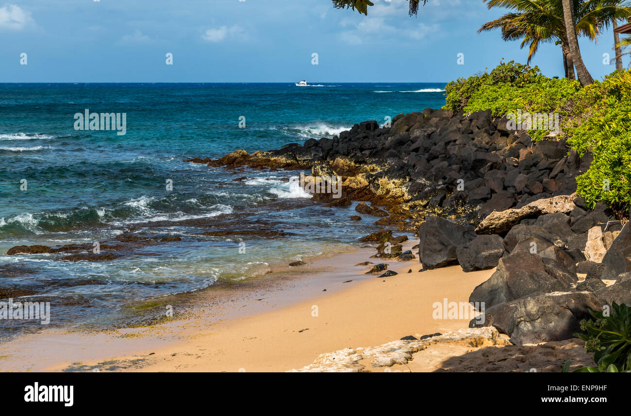 Lavare le onde a terra su una bella spiaggia di Kauai, Hawaii Foto Stock