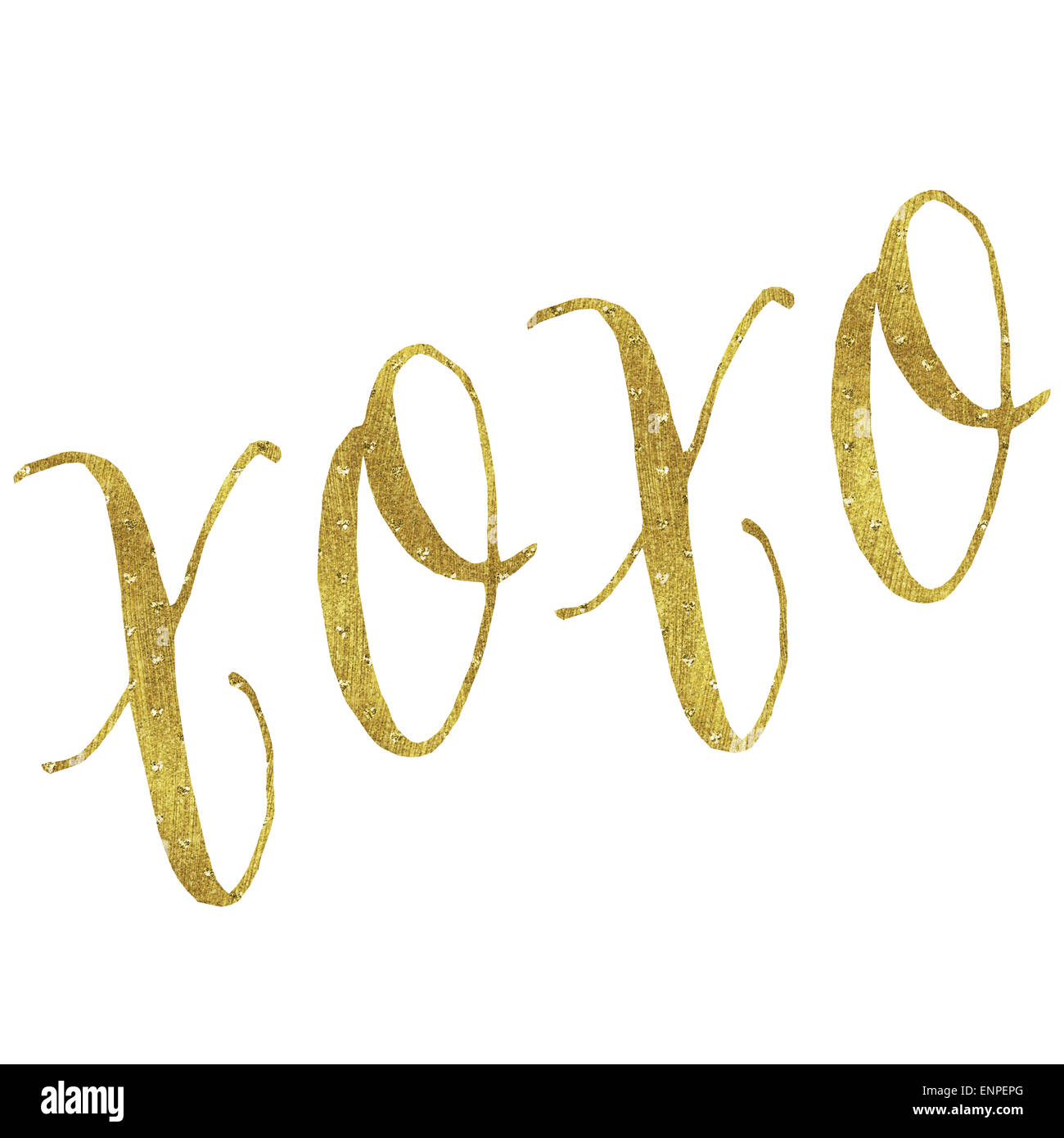 XOXO Amore Gold Faux Foil lustrini metallici di ispirazione Baci e abbracci preventivo isolati su sfondo bianco Foto Stock